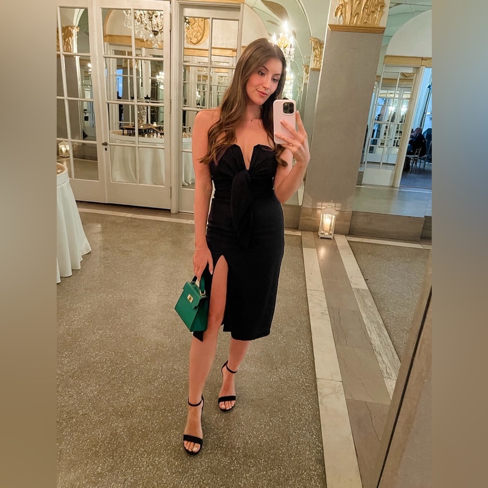 Strapless Black Knot-Front Midi Dress with Slit